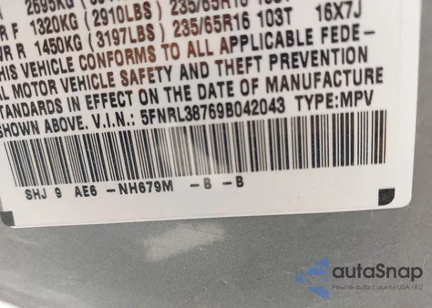 2009 Honda Odyssey Ex-L from USA, damaged, VIN 5FNRL38769B042043